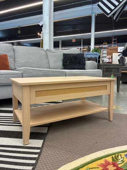 Rattan Lift Top Coffee Table with Storage Lower Open Shelf
