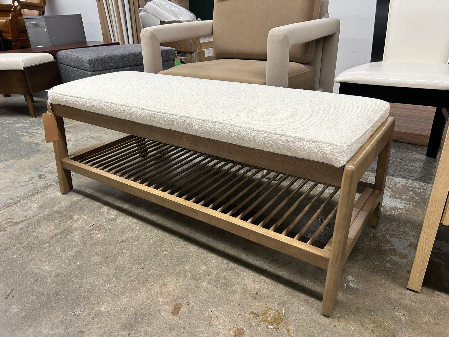 Upholstered Entry Bench with slatted Shelf Cream Boucle - Threshold