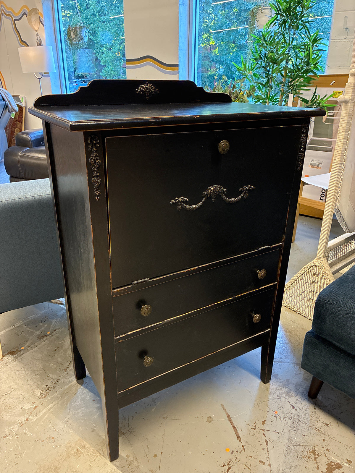 Antique Black Drop Front Secretary Desk *donated