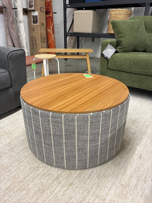 Wood Top Storage Ottoman Gray Pinstripe - HomePop: Round, Padded, 30-Inch, Modern Design | Retail Price: $114.99
