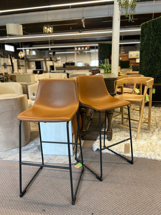 30in Industrial Faux Leather Barstools, Set of 2 - Whiskey Brown  | Dimensions: 40in H x 18in L x 22in W | Weight: 31 LBS | Retail Price: $221