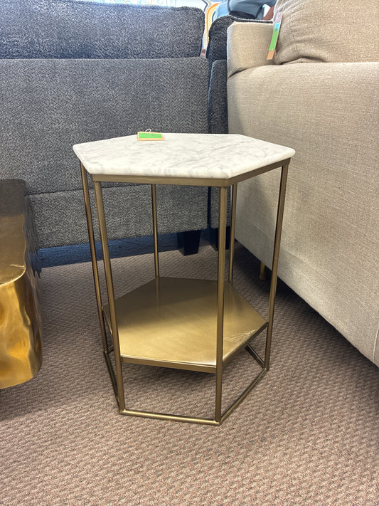 Geometric Luxe Hex Accent Table: White Stone Top, No Assembly - Threshold - Retails for $130 | AS IS cracked / repaired