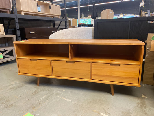 Ivy 58in 3 Drawer Mid Century Modern TV Stand - Caramel | Dimensions: 24in H x 58in L x 16in W | Weight: 64 LBS | Retail Price: $330
