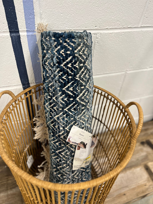 Blue and Ivory Hand Loomed Runner Rug 2 x 7 MINOR PULLS