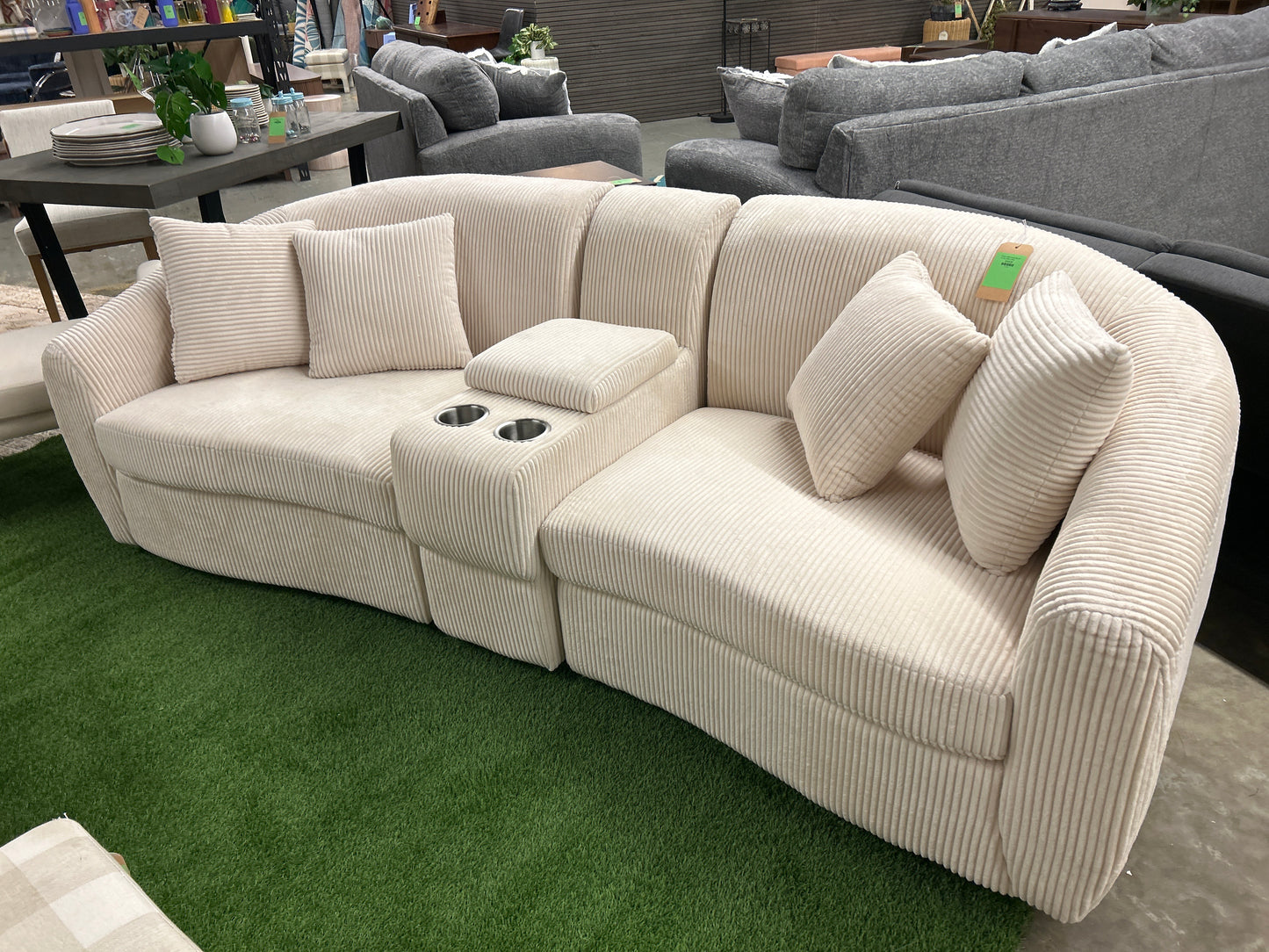 Corduroy Fabric Storage Sofa with Two Cup Holders in Beige