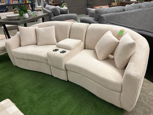 Corduroy Fabric Storage Sofa with Two Cup Holders in Beige