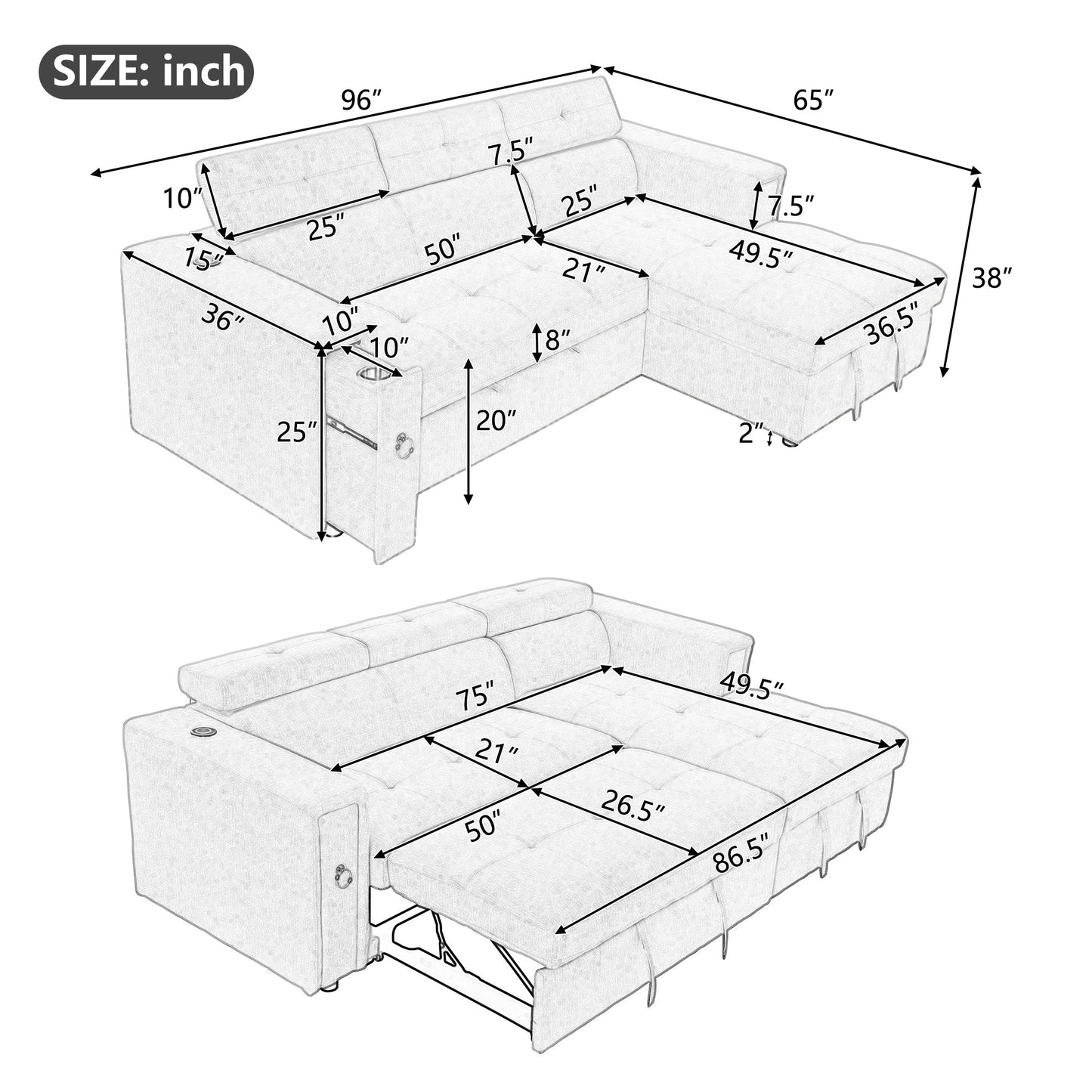 96" Multi-Functional Pull-Out Sofa Bed L-Shape Sectional Sofa with