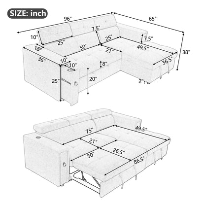 96" Multi-Functional Pull-Out Sofa Bed L-Shape Sectional Sofa with