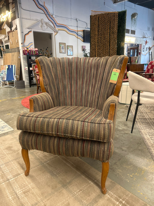 Mid Century Wingback Accent Chair - Striped Upholstery & Wood Frame *donated