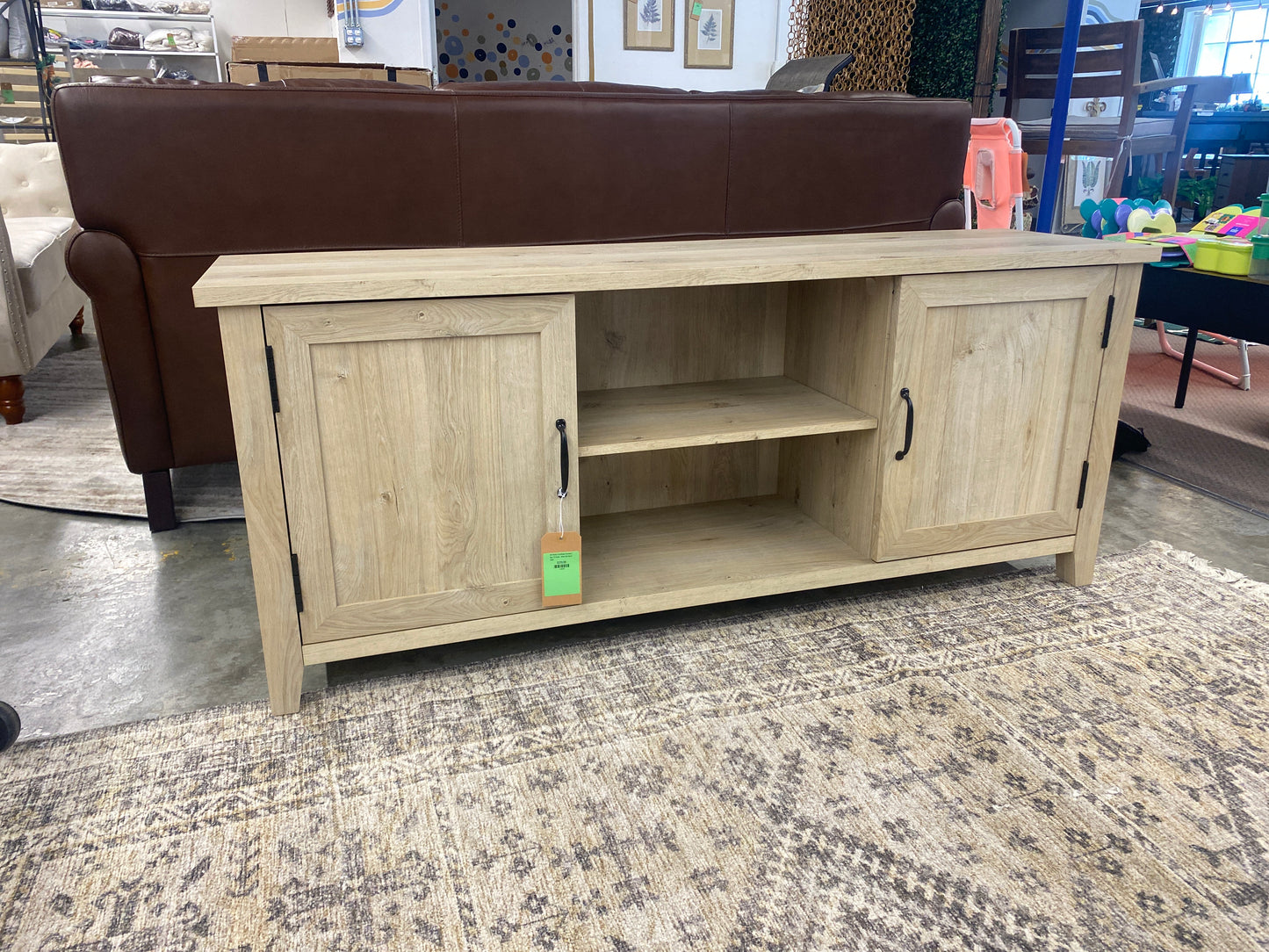 58" Modern Farmhouse Grooved 2 Door TV Stand - White Oak  Retail $265