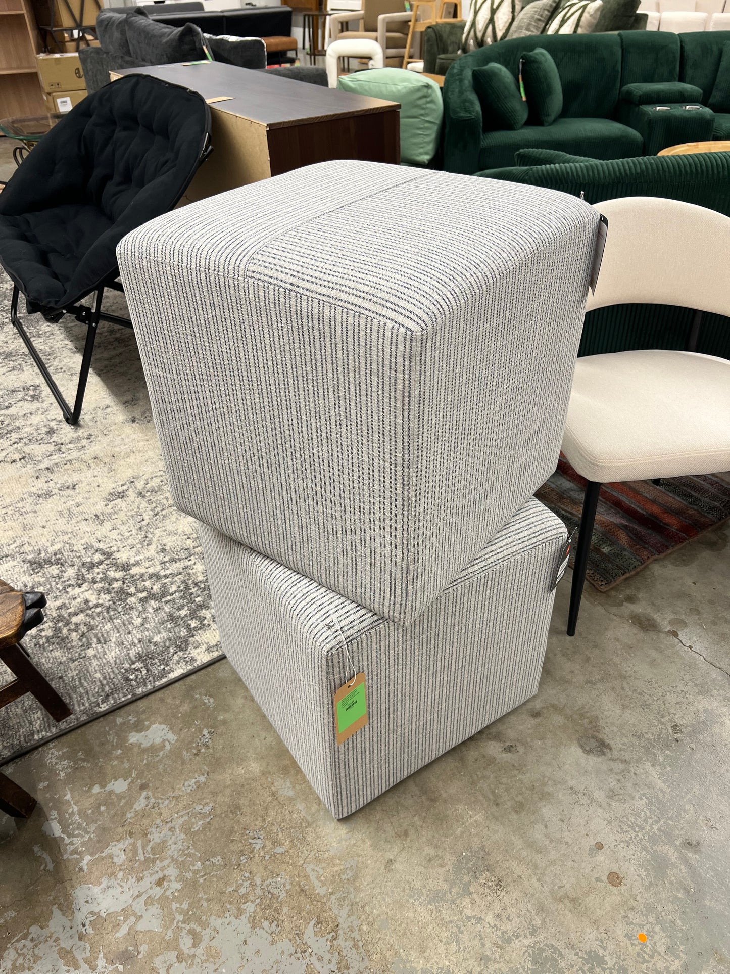 Lynwood Square Upholstered Cube Ottoman Tan/Navy Stripe - Threshold designed with Studio McGee | Retail Price: $110