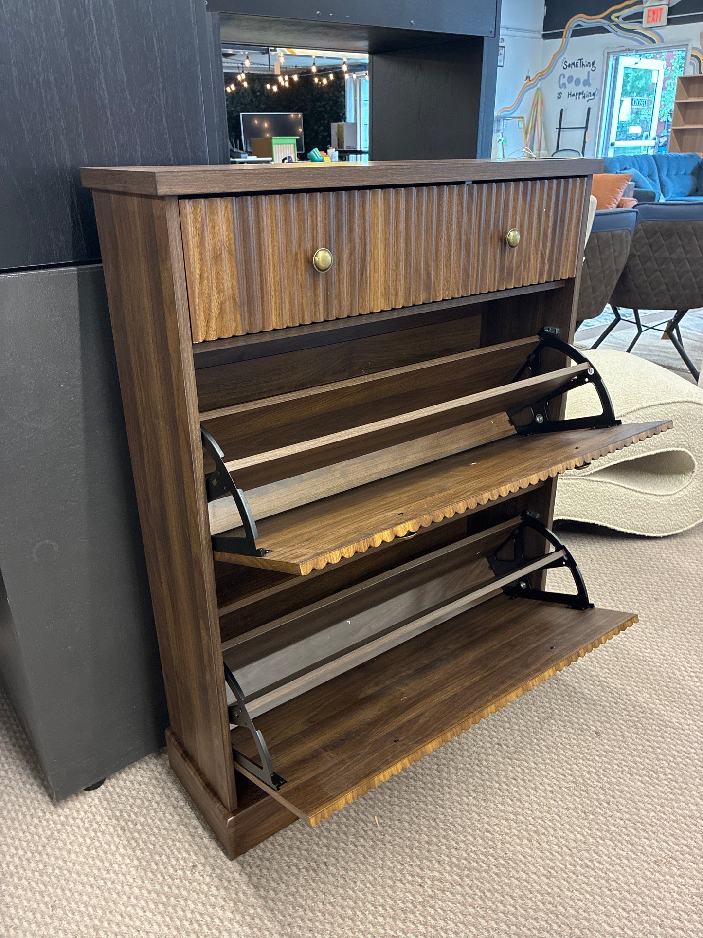 GarveeHome Shoe Cabinet with 3 Flip Drawers, Hidden Wooden Fluted Shoe Cabinet with Adjustable Shelf, Freestanding Shoe Storage Cabinet for Entryway — Retails in box (unassembled) for $130