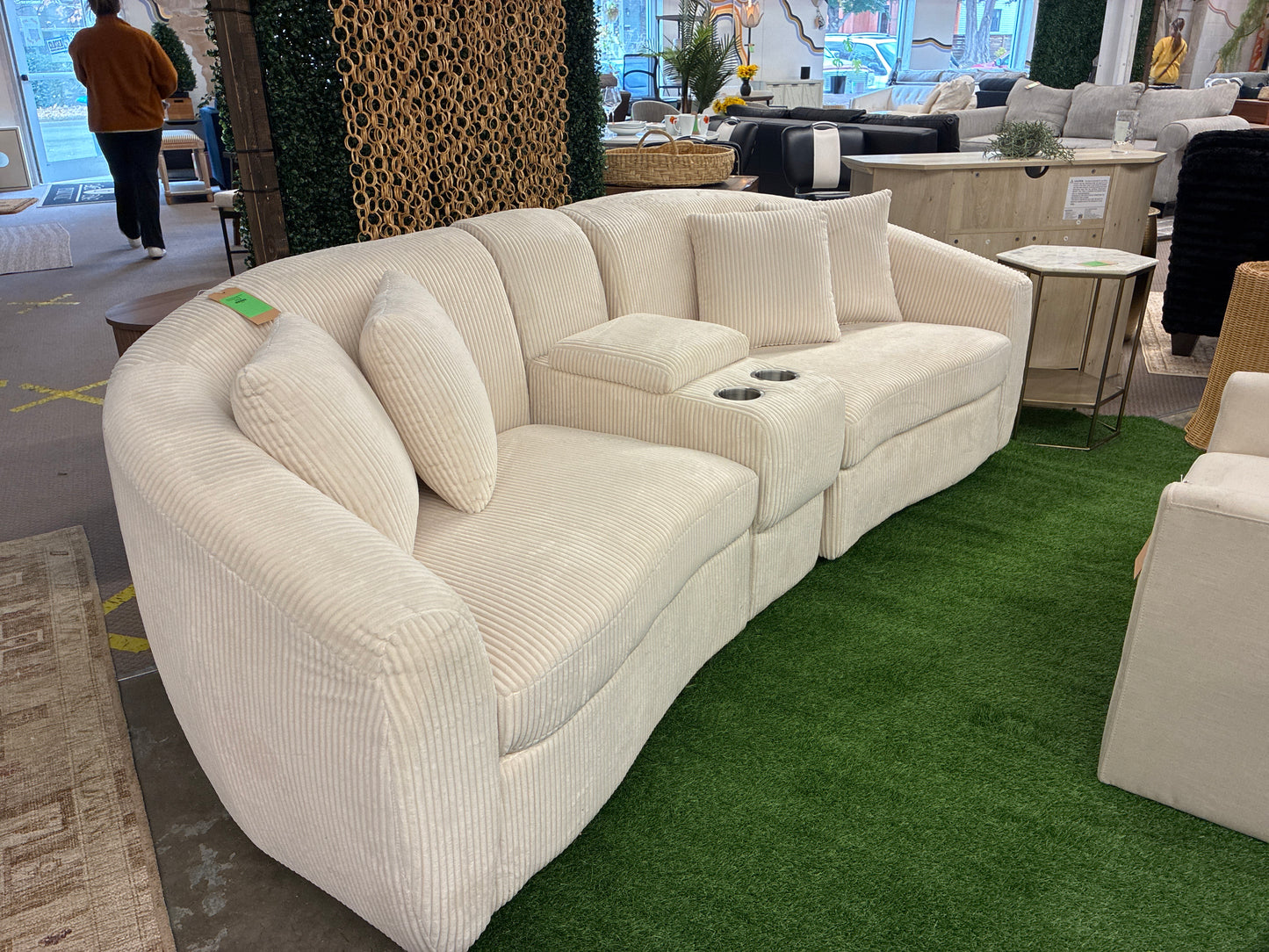 Corduroy Fabric Storage Sofa with Two Cup Holders in Beige