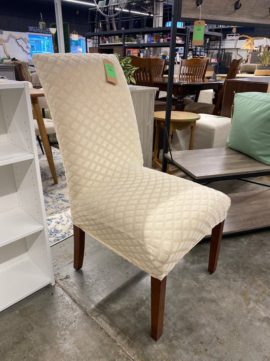 Set of 2 Upholstered Dining Chairs w Slipcovers *donated | AS IS - stains on chairs but covers are in  good condition
