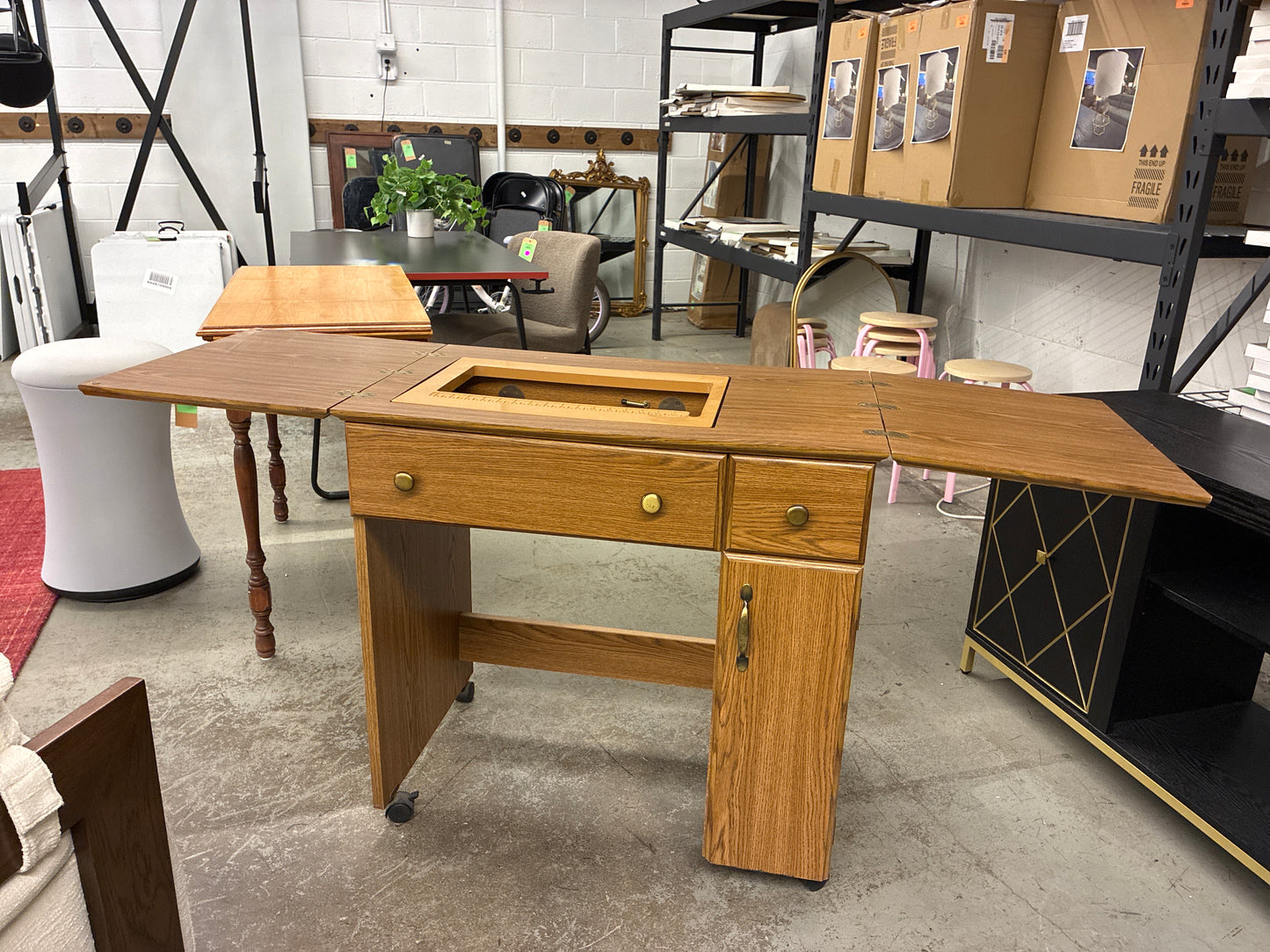 Wooden Folding Sewing Table on Wheels *donated