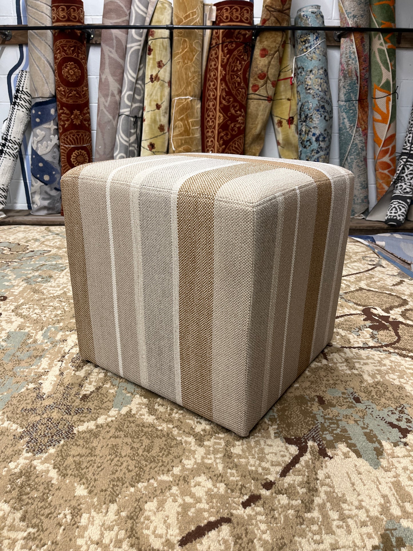 Lynwood Square Upholstered Cube Ottoman Beige Engineered Striped - Threshold designed with Studio McGee | Retail Price: $110