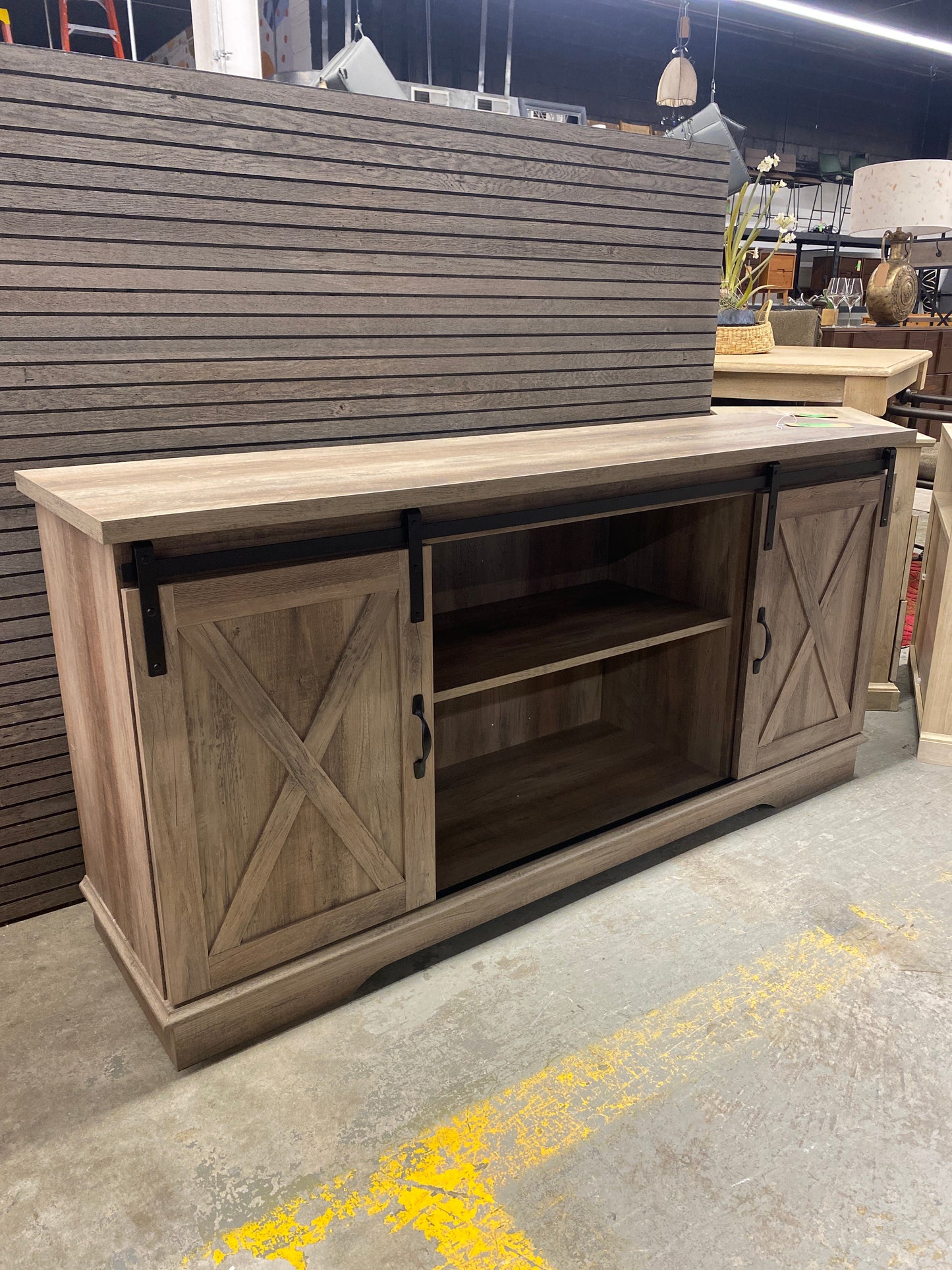 58in Sliding Barn Door Modern Farmhouse Wood TV Stand - Grey Wash | Retail Price: $330 | AS IS internal damage