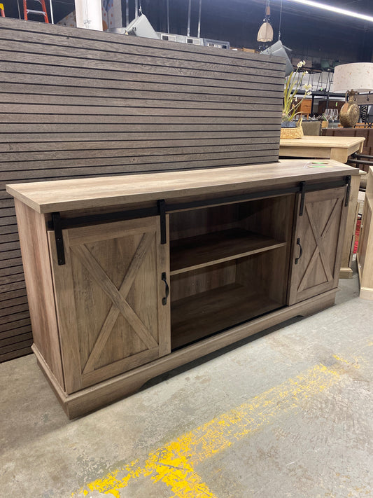 58in Sliding Barn Door Modern Farmhouse Wood TV Stand - Grey Wash | Retail Price: $330 | AS IS internal damage