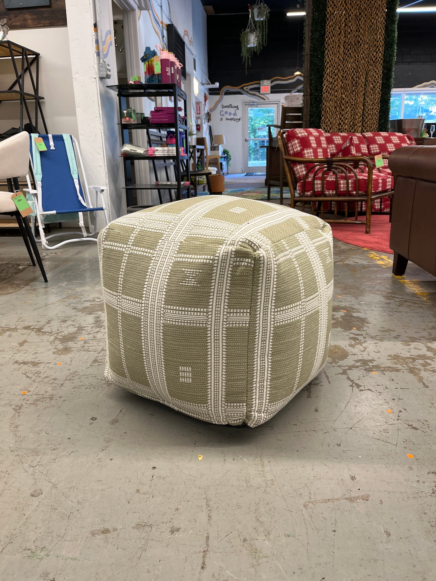 Stitched Plaid Outdoor Patio Pouf Green - Threshold | Retail Price: $80