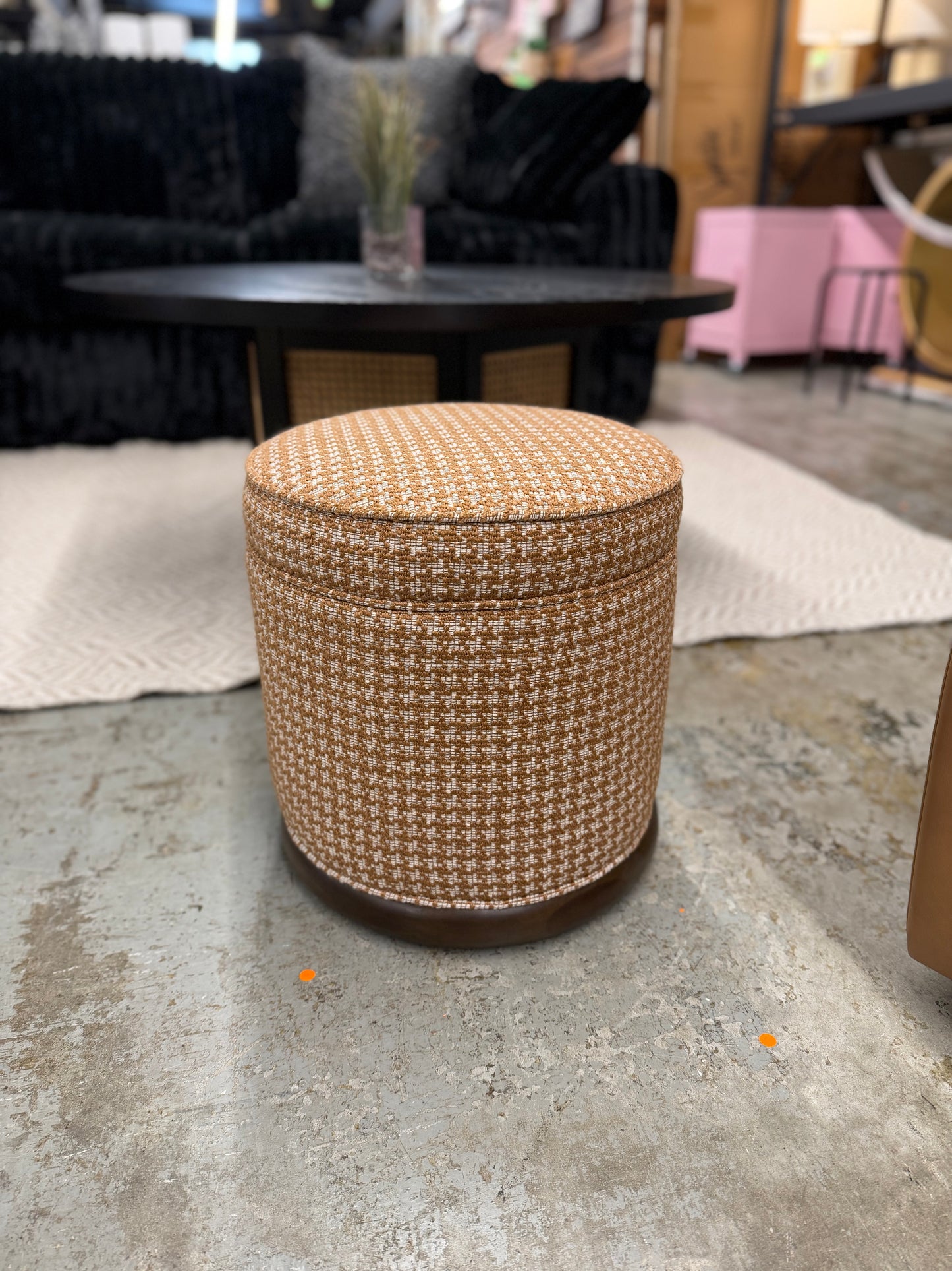 Upload an image for FIORELLI ROUND BOUCLE OTTOMAN / BURNT ORANGE / WALNUT Retail: $130+