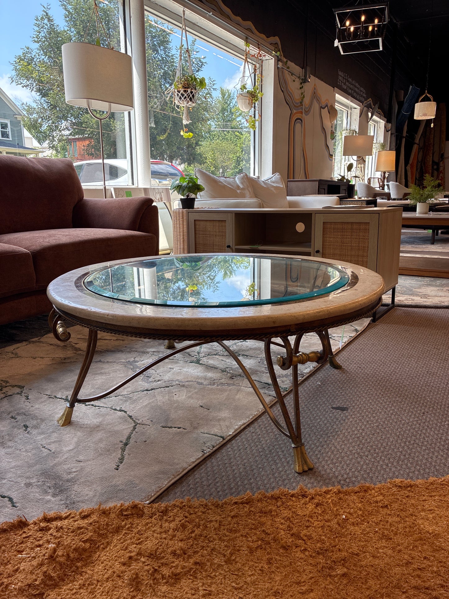 Round Coffee Table with Metal Legs and Glass Top *donated