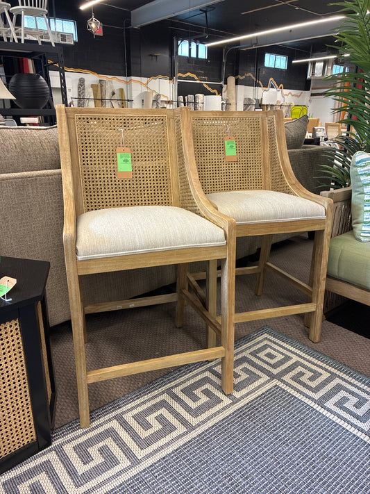 Set of 2 Assembled Christopher Knight Home 25.5" Cataldo Wood and Cane Upholstered Counter Height Barstool Beige/Natural - Retails Unassembled for $347.99
