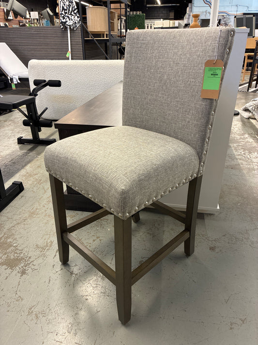 24in Upholstered Counter Height Barstool with Nailheads in Sterling Gray - HomePop: Padded Back, Wood Legs