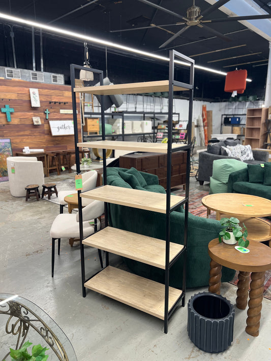 72" Loring 5 Shelf Ladder Bookshelf Vintage Oak - Threshold: Metal Frame, Open Back Design Retail: $150 MINOR CORNER DAMAGE ON SOME SHELVES