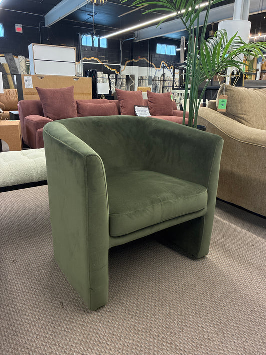 Assembled Vernon Upholstered Barrel Accent Chair Olive Velvet - Threshold designed with Studio McGee: Plush Seating for Living Spaces - Retails Unassembled for $380 - Star Rating Online: 4.7/5 Stars - Highly Rated Online | AS IS minor damage - back fabric