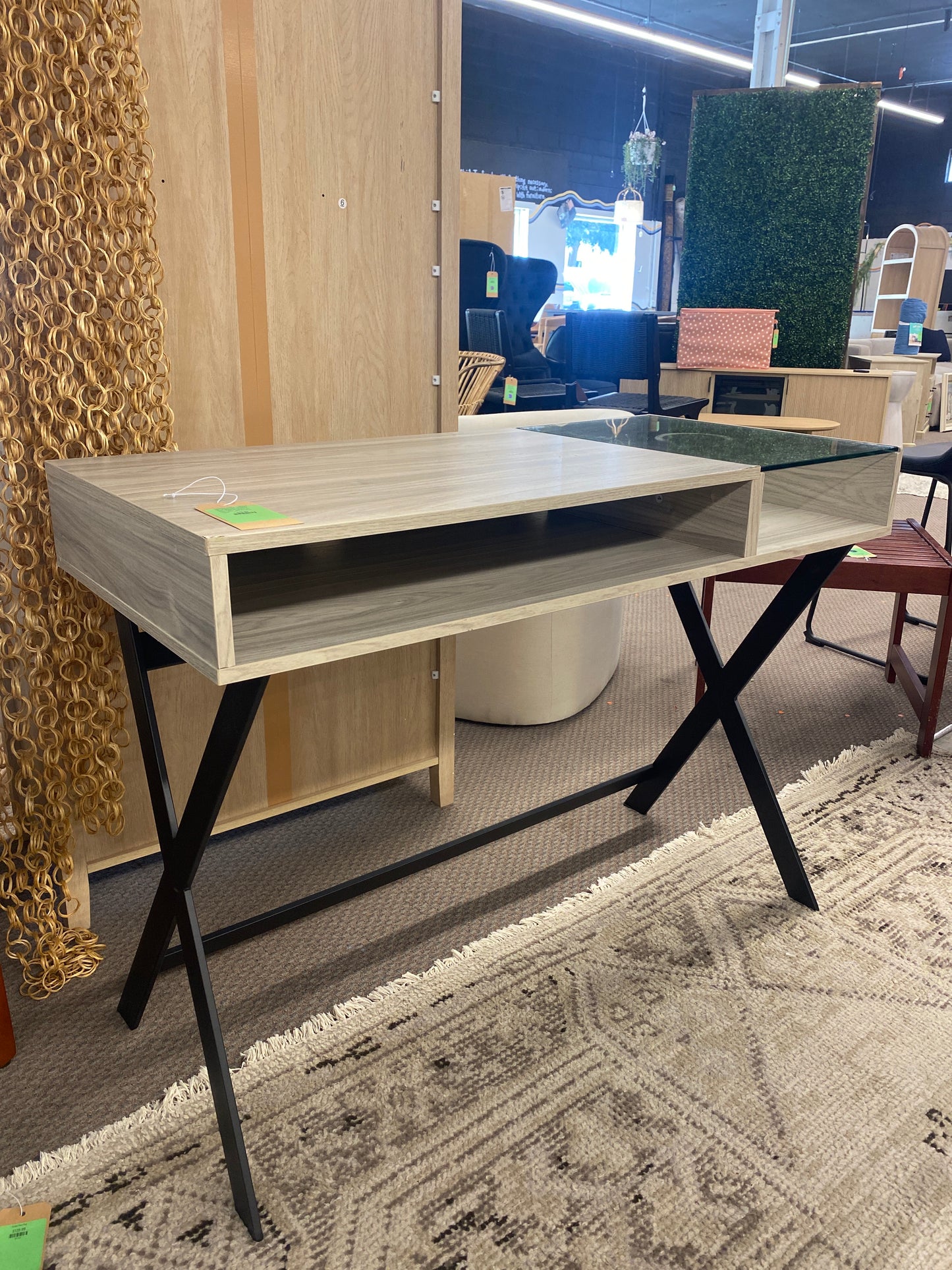 Contemporary Metal-X Leg Glass-Top Computer Desk with Cubby – Birch | Dimensions: 31.5in H x 42in L x 20in W | Retail Price: $108 | AS IS - light damage to corner