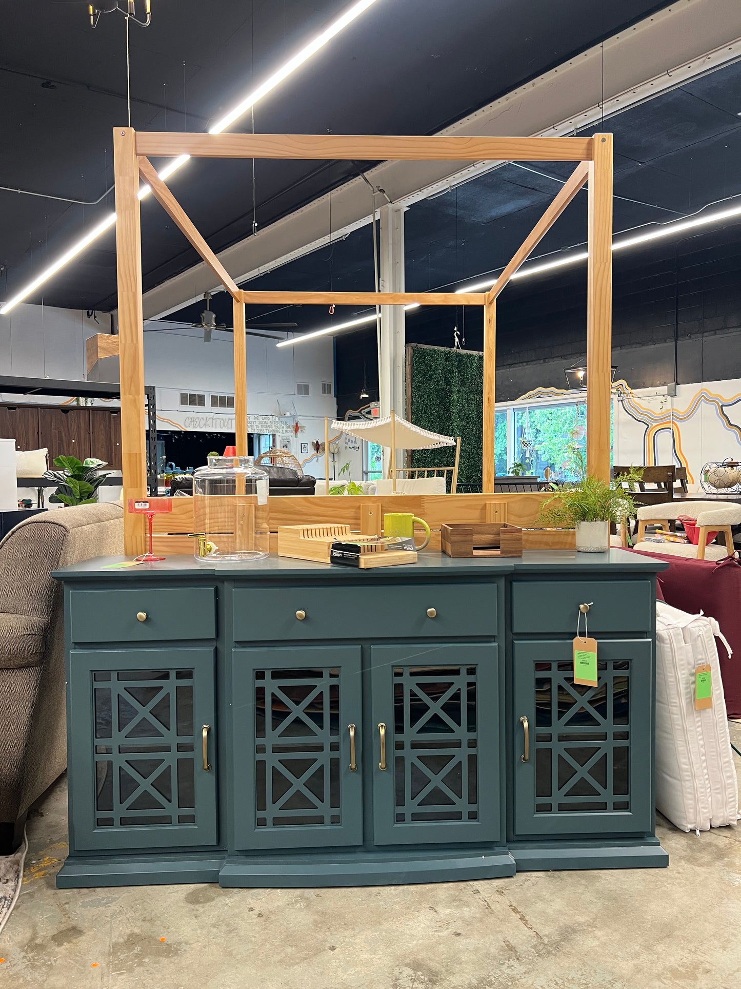 Landon 60in Tiered Fretwork Sideboard - Dark Teal | Dimensions: 30.5in H x 59.75in L x 15.75in W | Weight: 124 LBS | Retail Price: $463.75