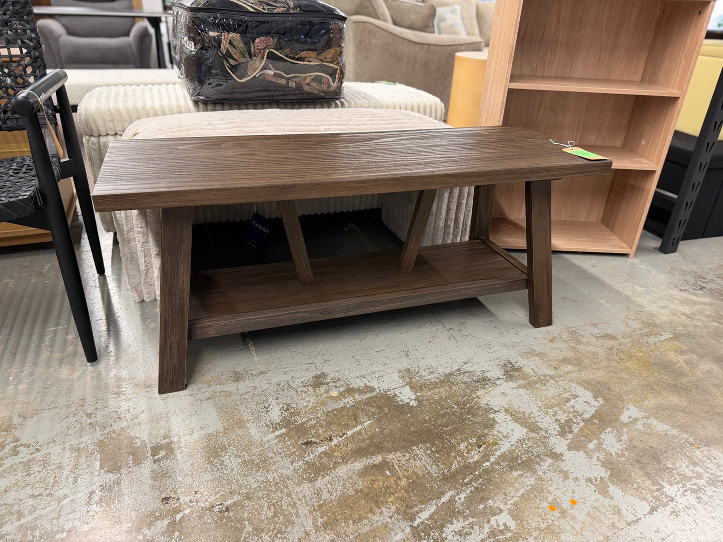 Assembled WyndenHall 48" Stewart Solid Wood Industrial Entryway Bench in Driftwood: Lacquered Finish, Seats 2, Wood Legs - Retails Unassembled for $204.99 - Star Rating Online: 4.6/5 Stars