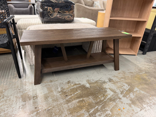 Assembled WyndenHall 48" Stewart Solid Wood Industrial Entryway Bench in Driftwood: Lacquered Finish, Seats 2, Wood Legs - Retails Unassembled for $204.99 - Star Rating Online: 4.6/5 Stars