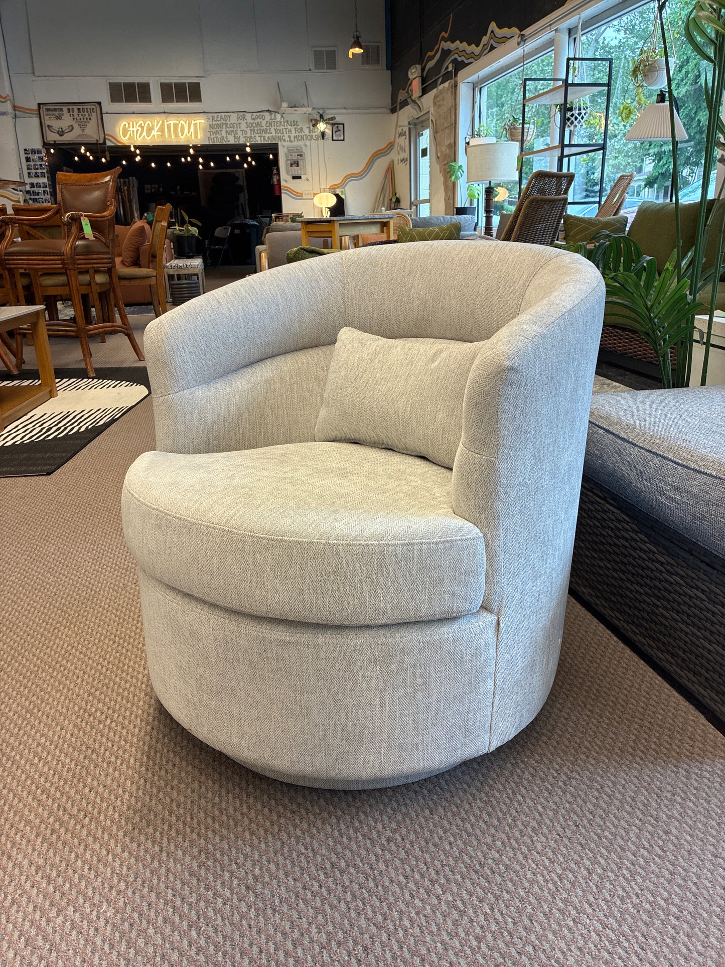 Modern Upholstered Soft Swivel Barrel Chair With Lumbar Pillow | Retail Price: $265
