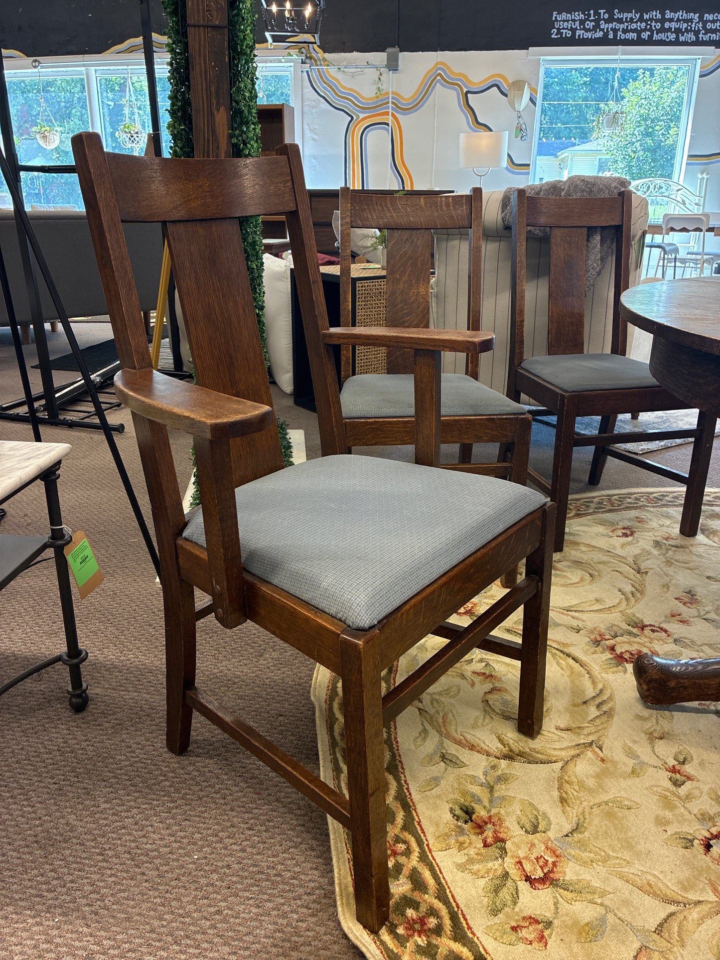 Set of 6 Mission Style Wood and Upholstered Dining Chairs | one captain’s chair