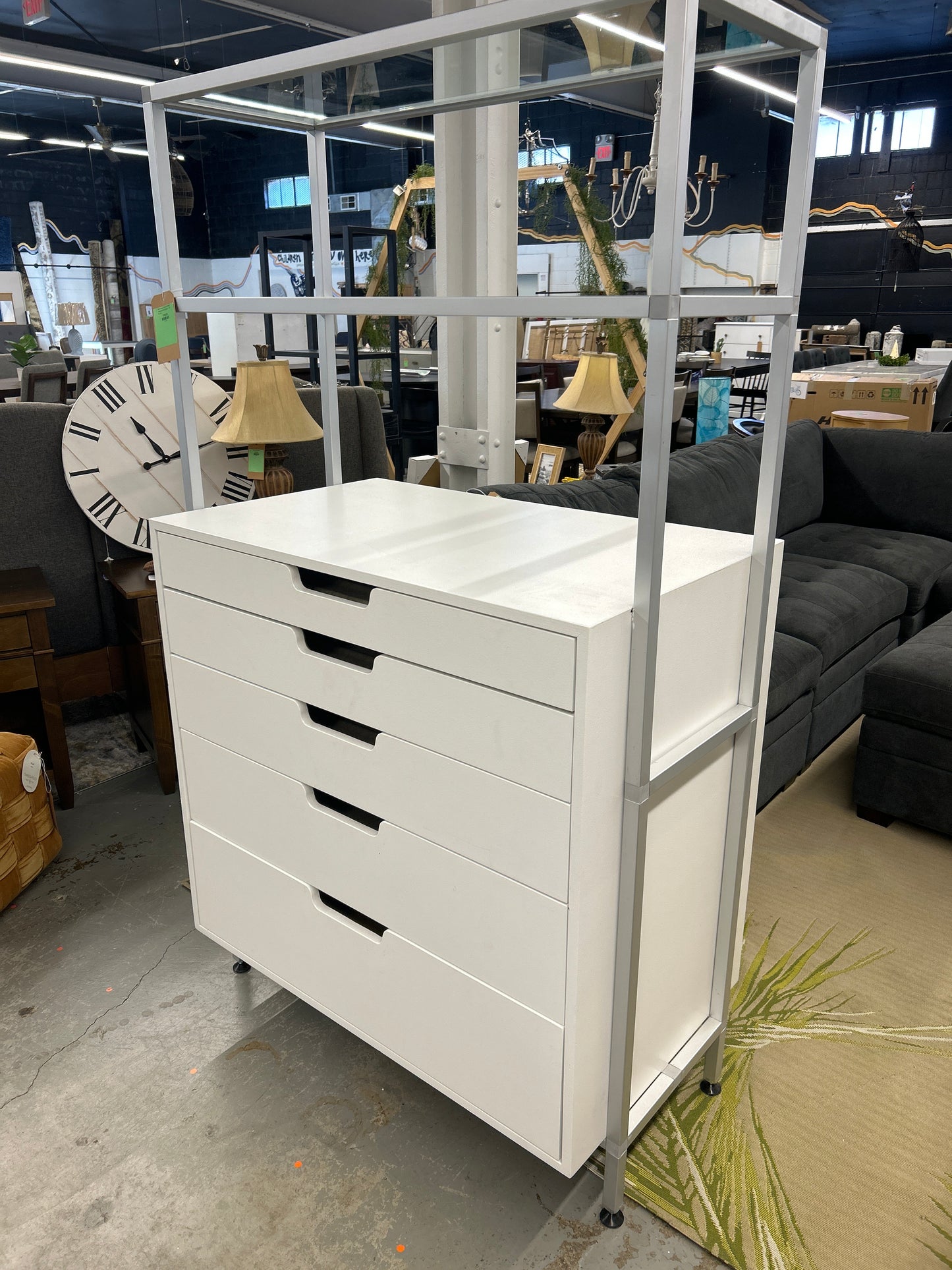 White dresser with glass shelves *donated by Wink Eyewear - 38" W x 6' H