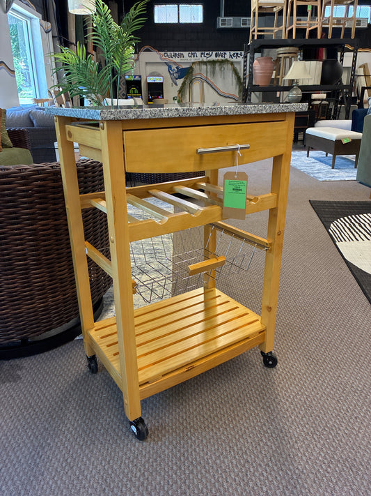 Natural Wood Movabel Kitchen Cart Granite Top Drawer Basket Wine Bottle Rack Locking Wheels | Retail Price: $176
