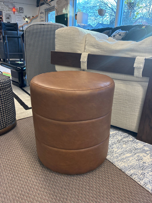 Round Upholstered Ottoman Caramel Faux Leather - HomePop: Channel Tufted, No Assembly Required - Retails for $82.99