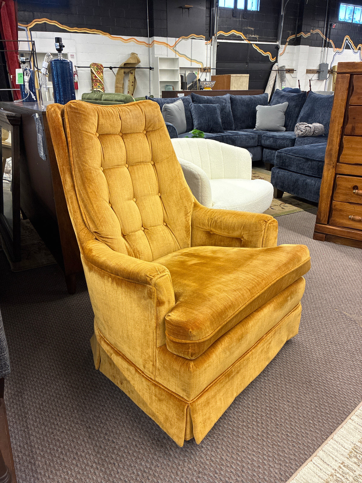 Vintage Mustard Gold Velvet Button Tufted Armchair Swivel Rocker *donated