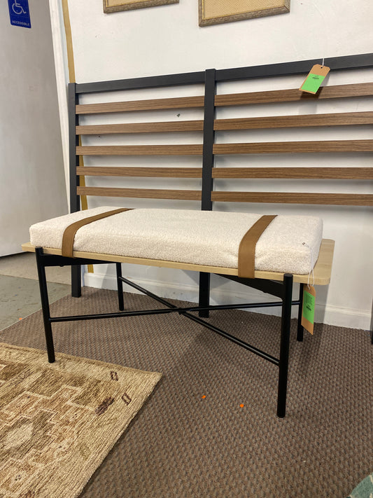 Nathan James Thatcher Boucle Wood and Metal Removable Cushion Bench: Curved Edge, Vegan Leather Straps, Zipper Design, Easy Clean | Retail Price: $129.99