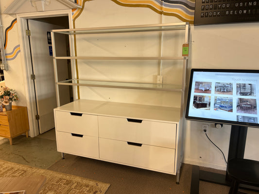 Solid Wood Storage Case with Glass Shelves and 4 Wood Drawers *donated (63 x 23 x 70 inches tall, with adjustable feet for leveling)