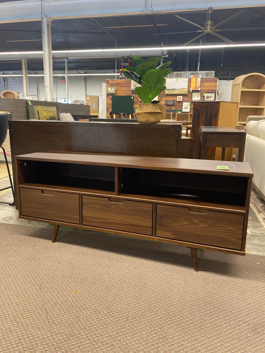 Ivy 58in 3 Drawer Mid Century Modern TV Stand - Walnut | Dimensions: 24in H x 58in L x 16in W | Weight: 64 LBS | Retail Price: $281
