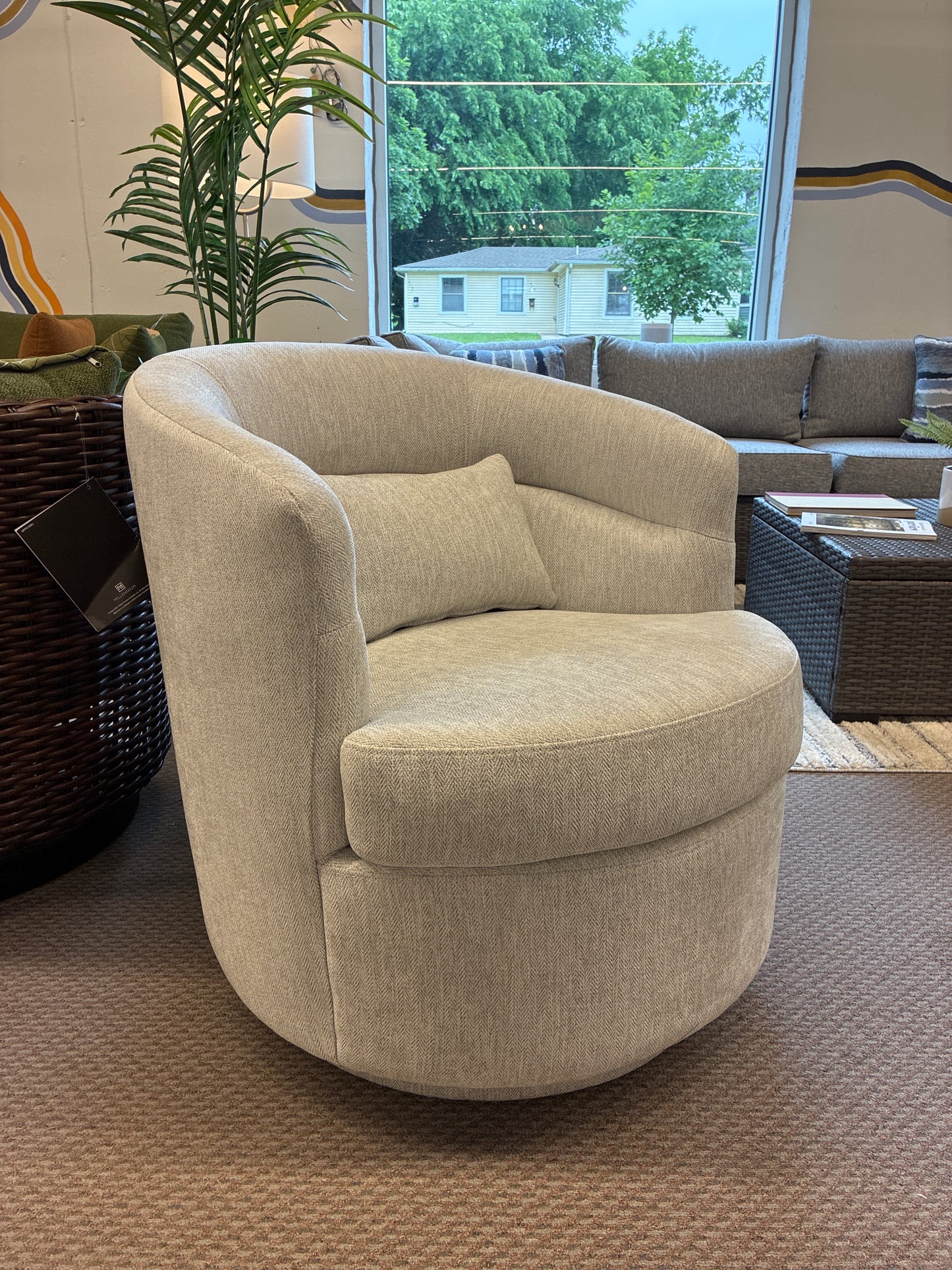 Modern Upholstered Soft Swivel Barrel Chair With Lumbar Pillow | Retail Price: $265
