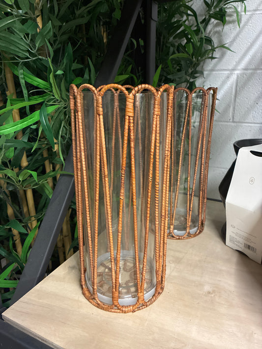 Tall Rattan Wrapped Hurricane Candle Holder