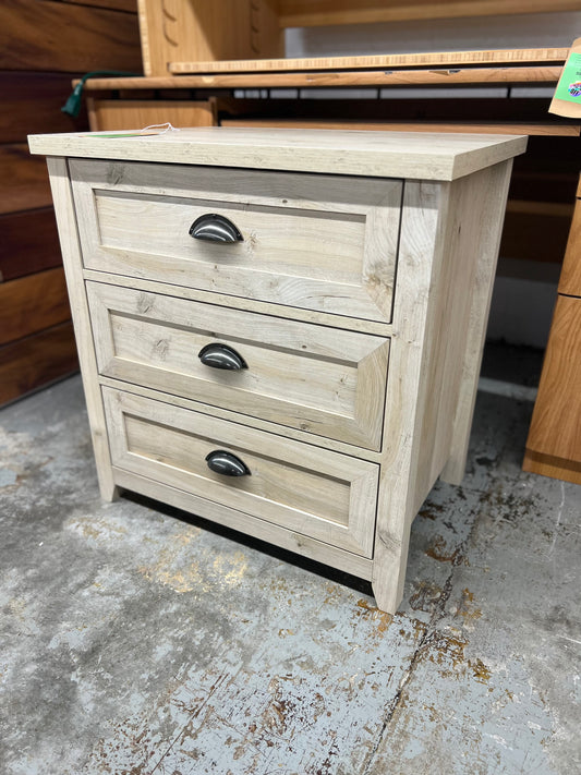 Odette 25in 3 Drawer cup handle Framed Nightstand - White Oak | Dimensions: 26in H x 25in L x 18in W | Weight: 54 LBS | Retail Price: $198