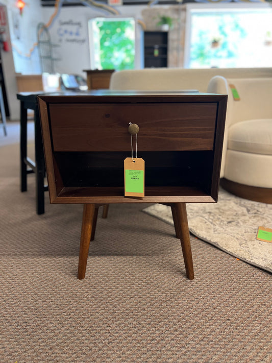 Mid Century 1 Drawer Solid Wood Nightstand - Walnut | Dimensions: 24in H x 20in L x 14in W | Weight: 19 LBS | Retail Price: $128