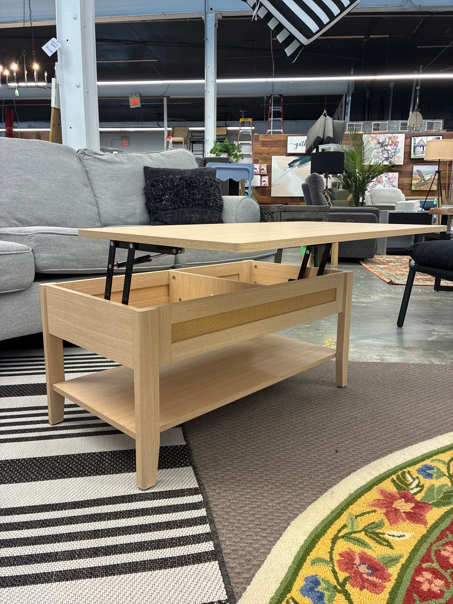 Rattan Lift Top Coffee Table with Storage Lower Open Shelf