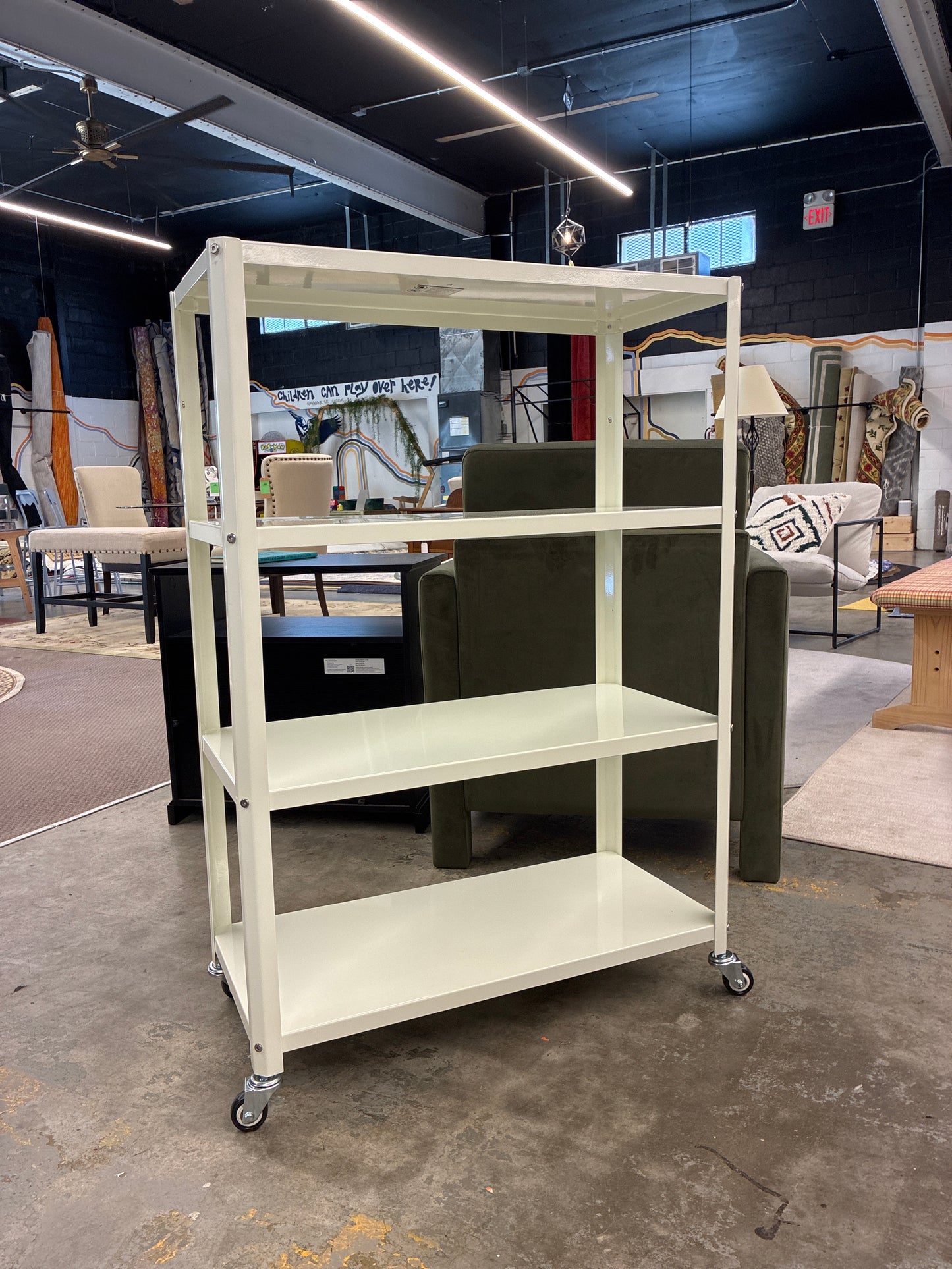 4 Shelf Rolling Metal Bookcase in White