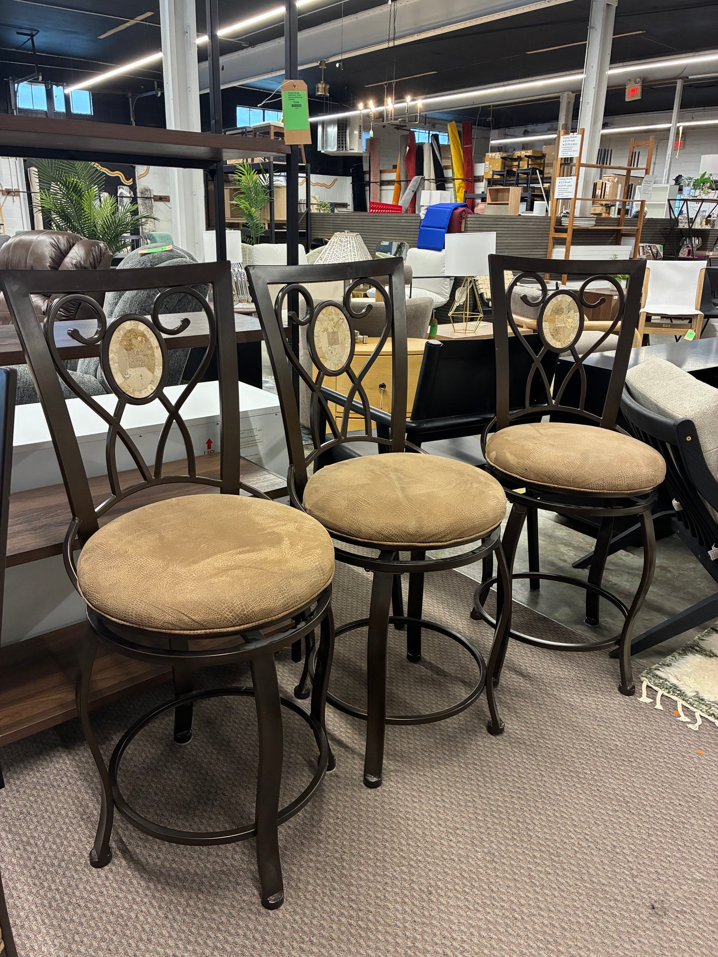 Set of 3 Metal and Upholstered Bar Stool