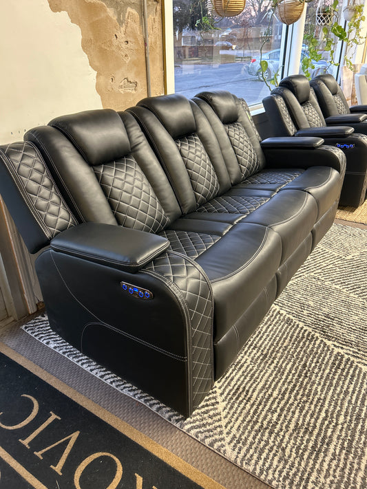 Lamica 83.4in W Breathable Leather Power Reclining Sofa with Adjustable Headrest & USB - Retail Price: $1179.99 - As is - leather repaired on left side